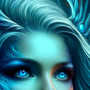 Close-up of glowing blue eyes of elemental Valkyrie from fantasy jigsaw puzzle