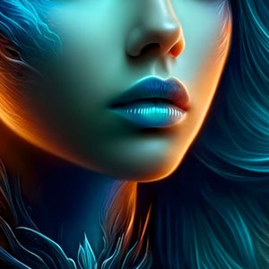 Detailed view of lips and light reflection from Aquaflame Valkyrie artwork