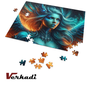 Aquaflame Valkyrie puzzle in progress with partially completed fire and ice artwork