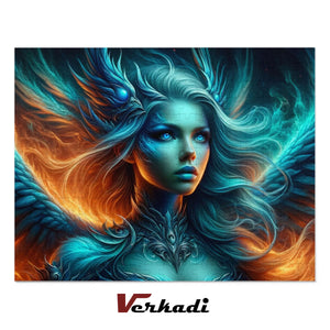 Completed Aquaflame Valkyrie fantasy adult jigsaw puzzles ready for framing
