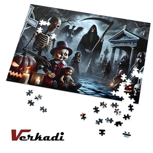 Ghouls’ Gathering puzzle in progress with vivid Halloween artwork