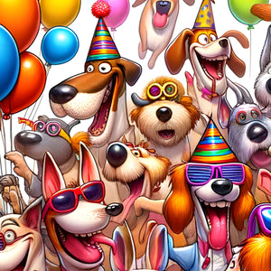 Top row of dogs with balloons and rainbow hats—vibrant detail area.