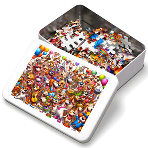 Puzzle pieces inside premium metal tin with dog party artwork on lid.