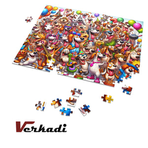 Partially completed dog party puzzle with scattered pieces.