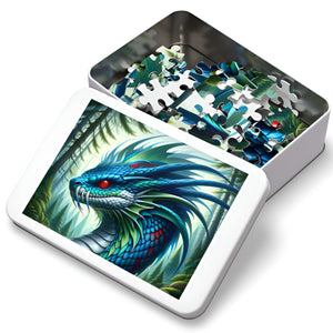 Puzzle tin with Blue Serpent Forest Guardian artwork and pieces
