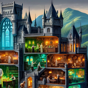 Close-up glowing alchemy lab tables, bottles and gears inside the castle