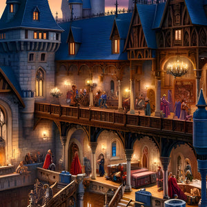 Close-up of castle balcony and banquet rooms with chandeliers and nobles in medieval attire