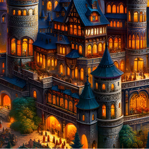 Lower courtyard and arches glowing with warm light—detail crop.