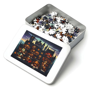 Premium metal tin with puzzle pieces and castle artwork on lid.