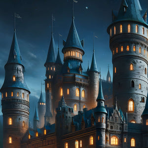 Close-up illuminated castle towers under starry night sky.