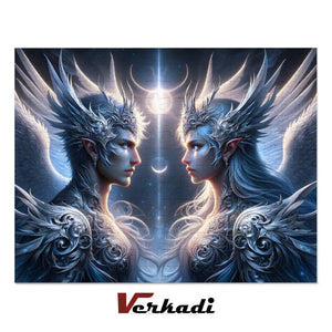 Completed Celestial Sovereigns fantasy jigsaw puzzle with Verkadi logo
