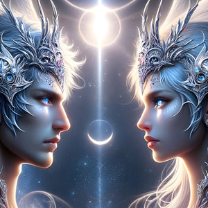 Male and female celestial elves gazing at each other with glowing moons