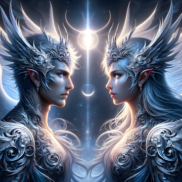 Celestial Sovereigns fantasy jigsaw puzzle showing two moonlit elves facing each other under glowing moons