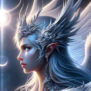 Close-up of female moonlight elf in silver crown and celestial glow
