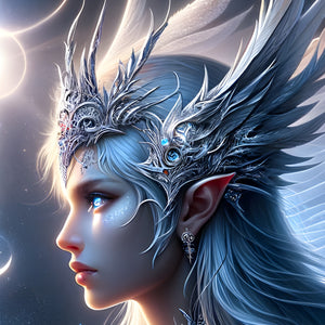 Side profile of silver-haired elven queen from Celestial Sovereigns puzzle