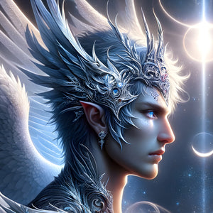 Close-up of male moonlight elf in ornate silver armor and winged crown