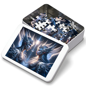 Celestial Sovereigns puzzle tin box with pieces and fantasy artwork lid