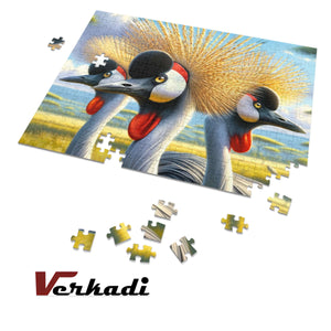 Completed crowned cranes jigsaw puzzle—full artwork ready for framing