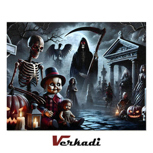 Completed haunted graveyard jigsaw showing reapers, skeletons and pumpkins