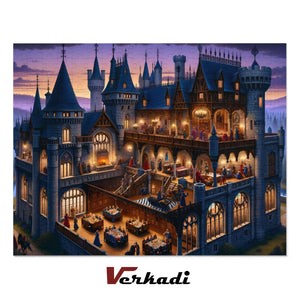 Completed Gothic Castle Banquet at Dusk jigsaw puzzle with detailed medieval scene