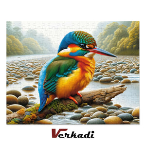 Completed 1000-piece Kingfisher’s Colorful Contemplation puzzle ready for framing.