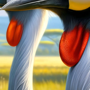 Red throat wattle and soft neck feathers of crowned crane—macro puzzle piece area