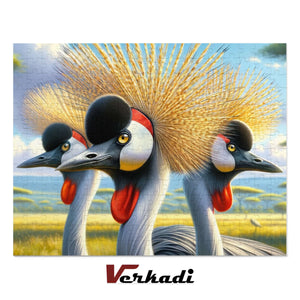 Finished African crowned cranes puzzle close crop showing piece cuts