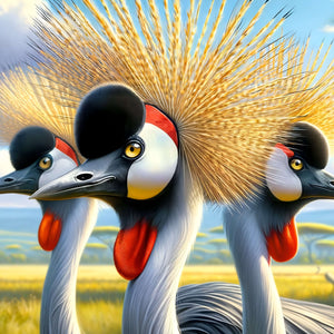 African crowned cranes jigsaw puzzle artwork—three graceful birds in sunlit savanna