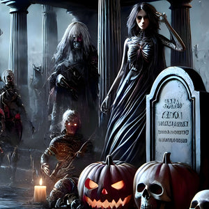 Creepy porcelain dolls and tombstones from spooky cemetery puzzle