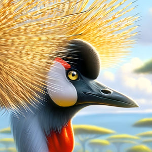 Close-up of grey crowned crane head and golden crown feathers—wildlife puzzle detail