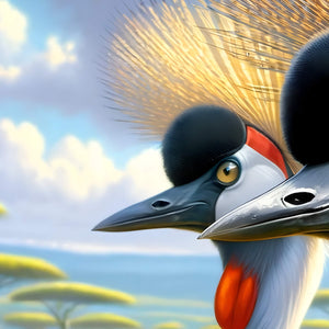 Golden feather crown detail of African crowned cranes against blue sky