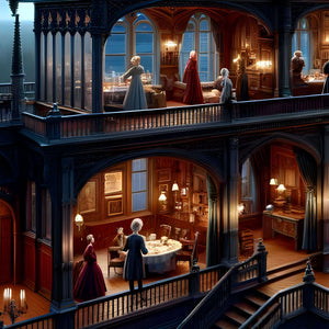 Victorian dining salon with figures gathered around a candlelit table