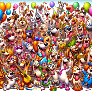 Crowd of cartoon dogs at a party—Barking Bash Dogs Joyful Jamboree hero artwork.