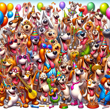 Crowd of cartoon dogs at a party—Barking Bash Dogs Joyful Jamboree hero artwork.