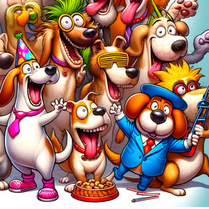 Dogs in costumes with guitar, snacks and confetti—colorful detail.