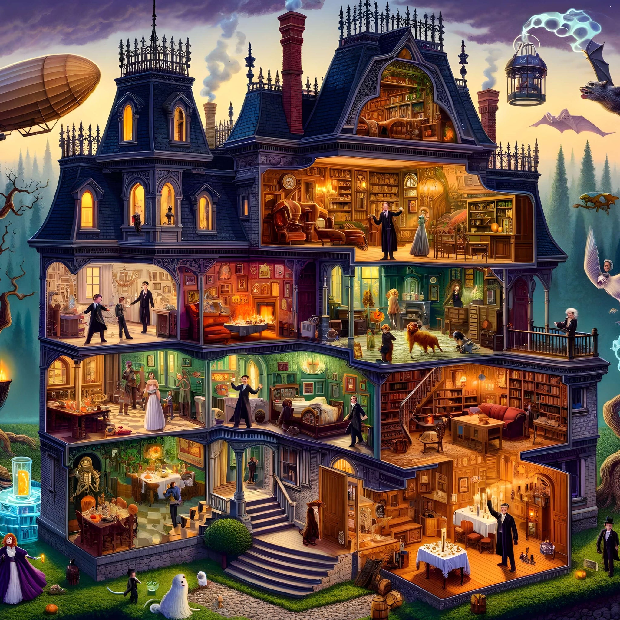 Full cross-section view of the Victorian Gothic mansion puzzle titled Echoes of Elegance, showing haunted rooms and detailed architecture.