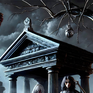 Dark cemetery night scene with glowing pumpkins and puzzle pieces
