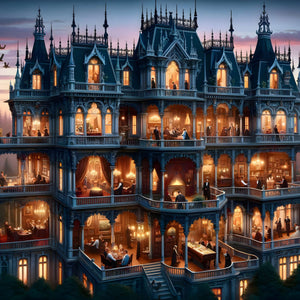 Full view of Victorian gothic mansion cross section at dusk – main puzzle artwork