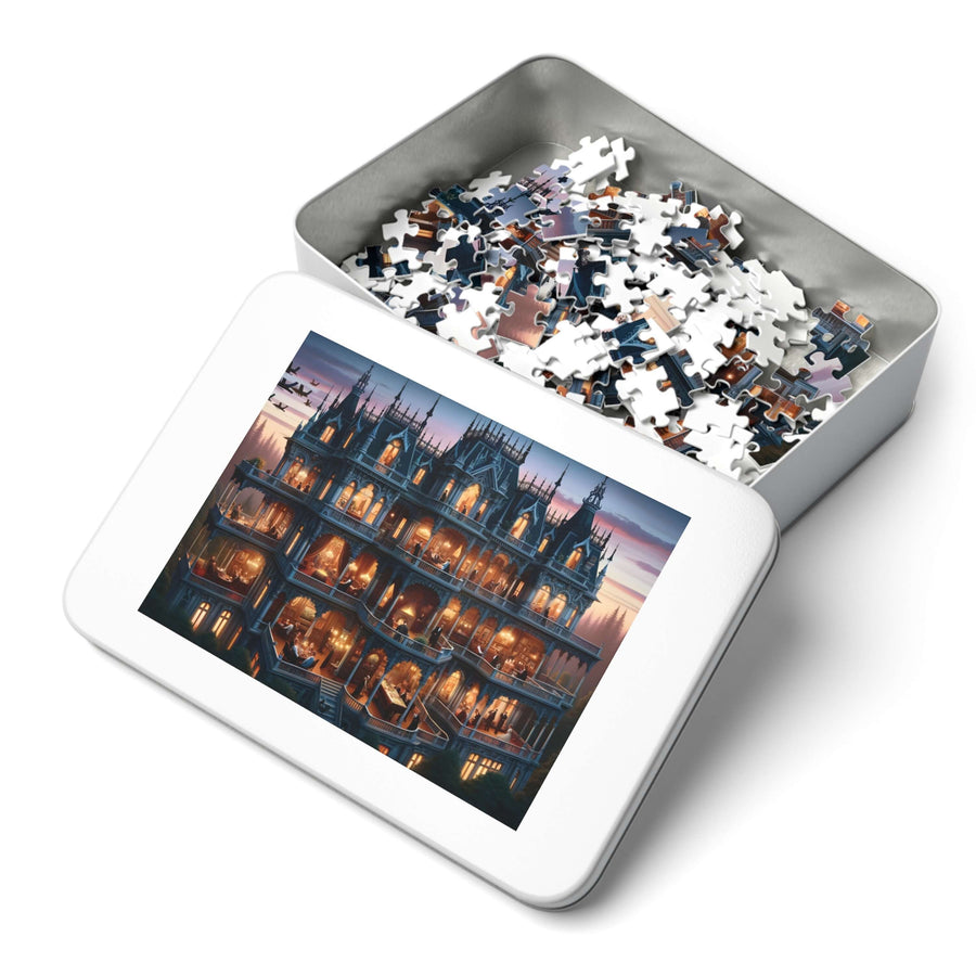 Full view of Victorian gothic mansion cross section at dusk – main puzzle artwork