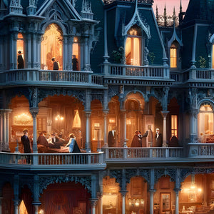 Close-up of candlelit balcony and guests inside the mansion