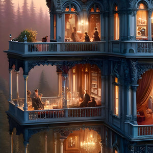 Upper floors of gothic mansion showing dinner and study rooms