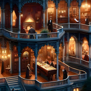 Central staircase and warm interior lighting inside mansion puzzle