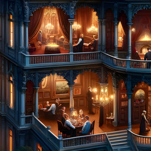Luxurious parlor scenes with chandeliers and gothic drapery