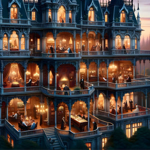 Wide view of glowing multi-level mansion at sunset