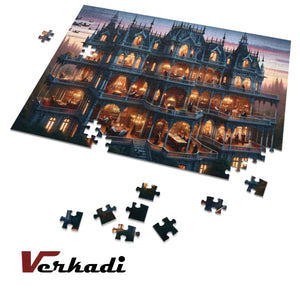 Puzzle in progress with partially assembled mansion artwork