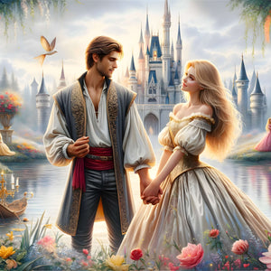 Romantic couple holding hands by a fairytale castle beside a lake and flowers.