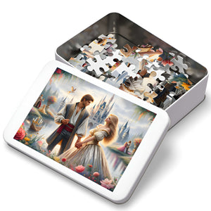 Enchanted Fairytale Romance jigsaw puzzle pieces in a giftable tin with cover art.
