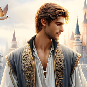 Close-up of a handsome prince character with castle spires in soft light.