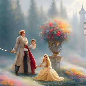 Storybook Garden scene with a large flower urn and dreamy mist near the castle.