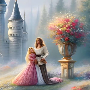 Fairytale characters walking in a misty garden with colorful blooms and turrets.